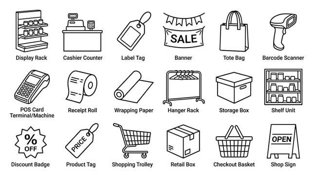Set of thin line retail and shopping icons including display rack, cashier counter, sale tag, barcode scanner and checkout tools. Clean outline symbols for store, ecommerce and retail systems.