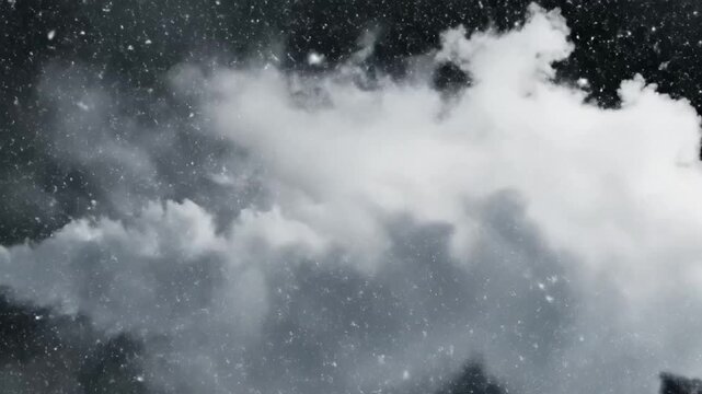 Steam rises as snow falls in cold wind against a black background in a winter setting