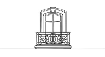 Fototapeta premium Intricate wrought iron balcony with dual-pane window showcasing classic architectural elegance