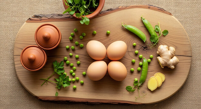 Four eggs peas ginger and clay pots on wooden board