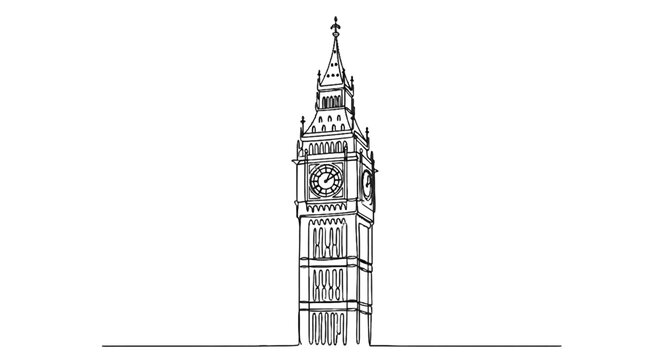 Detailed black and white line drawing of the historic Big Ben clock tower in Westminster London that captures its intricate
