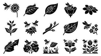 Collection of black and white silhouette icons depicting various insects and plants, including bees, ladybugs, caterpillars, flowers, and leaves. © GJ