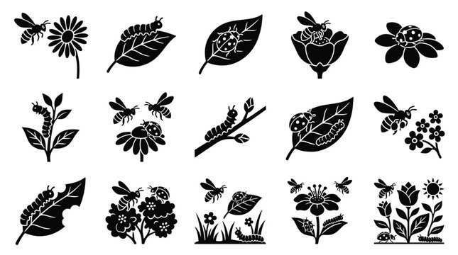 Collection of black and white silhouette icons depicting various insects and plants, including bees, ladybugs, caterpillars, flowers, and leaves.