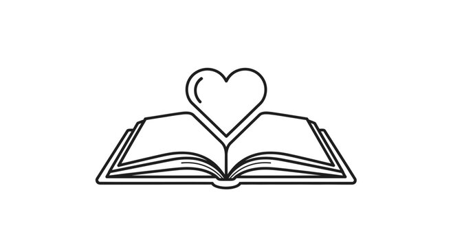 Open book with heart symbol on white background, symbol of love for reading and education