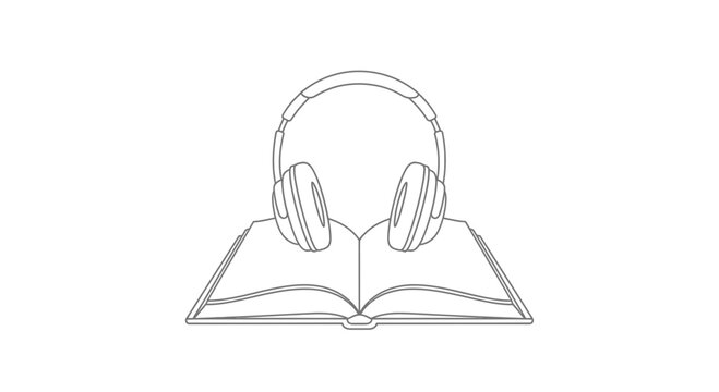 Open Book with Headphones - Audio Learning Concept, Minimalist Line Art