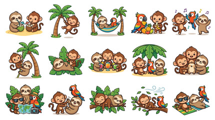 Fototapeta premium A charming collection of cute cartoon sloths and monkeys enjoying various tropical activities together, set against a white background.