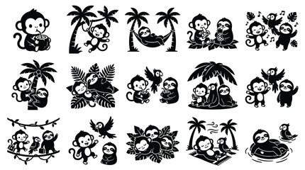 Collection of cute cartoon monkey and sloth illustrations in various tropical jungle and beach scenes, perfect for children's designs. © GJ