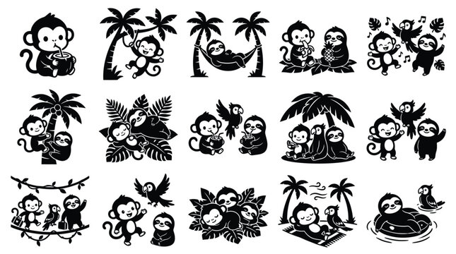 Collection of cute cartoon monkey and sloth illustrations in various tropical jungle and beach scenes, perfect for children's designs.