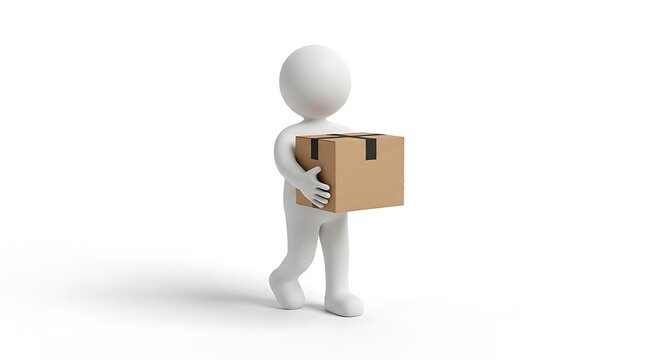 3D White Character Carrying Cardboard Box - Delivery, Shipping, and Logistics Concept on Isolated White Background