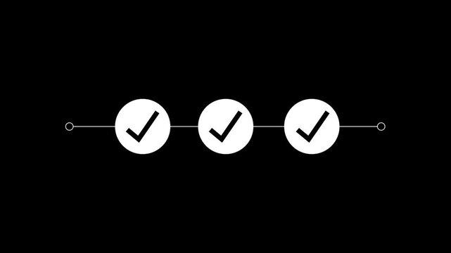 Checklist done list with checkmarks on white circles connected by line on black background for business presentation