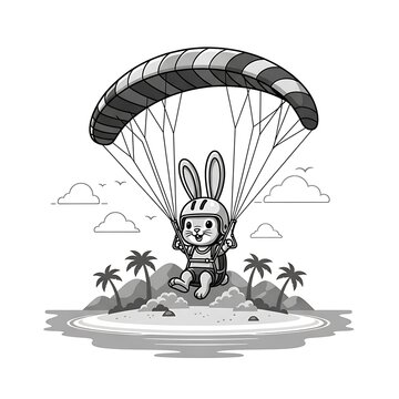 A cartoon rabbit wearing a helmet and backpack skydiving over a tropical island scene with palm trees