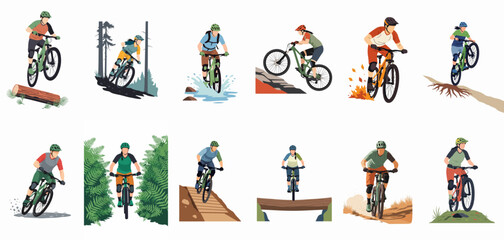 Collection of flat vector illustrations featuring mountain bikers riding through diverse terrains like forests, mud, and rocky hills, isolated on a white background. © ValentinaRestrepo