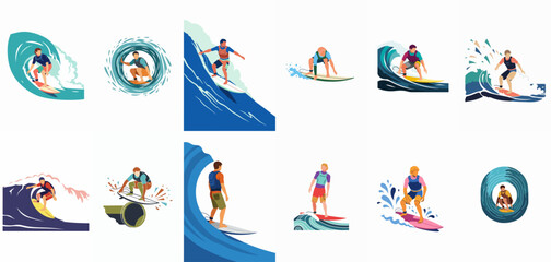Fototapeta premium Collection of flat vector illustrations depicting various surfers riding waves in different styles and poses for summer sports design projects.