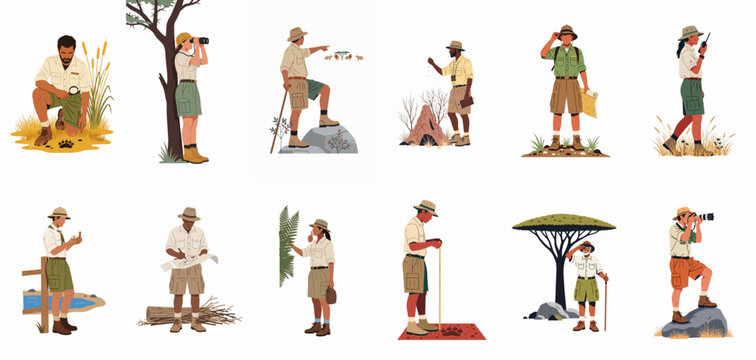 Vector illustration set of diverse park rangers and safari guides in khaki uniforms performing outdoor activities like tracking, navigating, and wildlife observation.