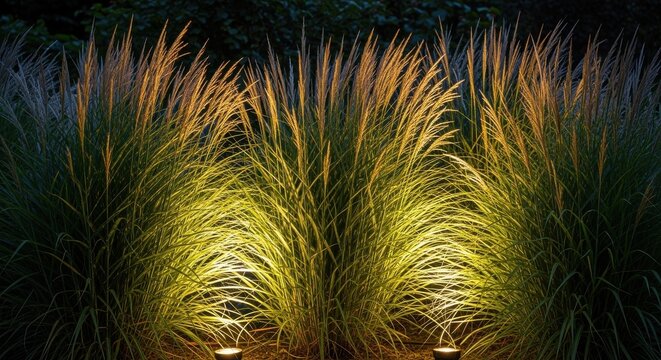 Tall ornamental grass illuminated by warm uplights in a dark garden at night
