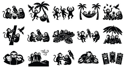 Fototapeta premium Collection of Silhouettes Featuring Monkeys and Sloths in Various Playful and Relaxing Scenarios, Including Jungle Environments and Tropical Settings.