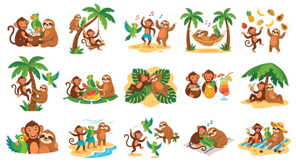 Fototapeta premium A vibrant collection of cartoon illustrations depicting playful monkeys and sloths enjoying various tropical activities and interactions in a lush jungle setting.