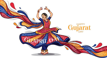 Fototapeta premium Against a white background, an illustration celebrates Gujarat Day, showcasing a woman in traditional dress performing Garba dance, with vibrant, swirling colors creating a festive