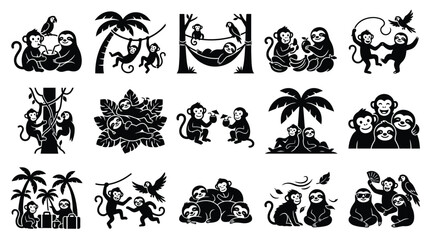 Collection of black and white silhouette illustrations depicting various monkey and sloth interactions in natural jungle environments with palm trees and birds. © GJ