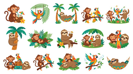 Fototapeta premium A vibrant collection of playful monkeys, colorful parrots, and relaxed sloths enjoying a tropical jungle paradise with palm trees and lush foliage.