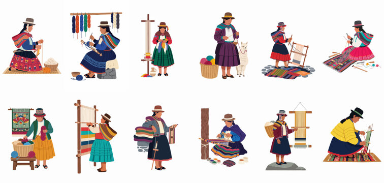 Collection of Illustrations Depicting Andean Indigenous Women in Traditional Attire Weaving, Spinning Wool, and Working with Colorful Textiles