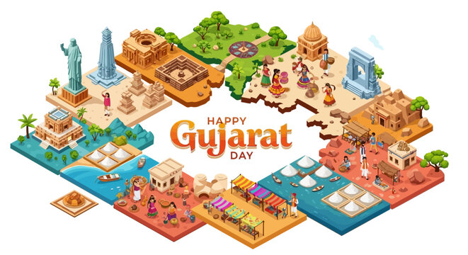 Isometric vector illustration commemorating Gujarat Day in India, showcasing cultural heritage sites and Garba dancers against a backdrop of the state's map, rendered with bright colors