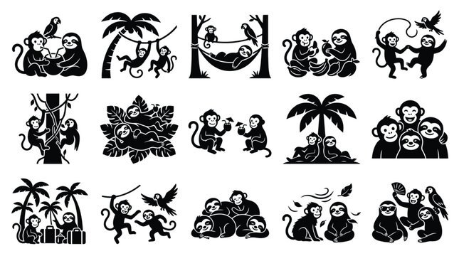 Collection of black and white silhouette illustrations depicting various monkey and sloth interactions in natural jungle environments with palm trees and birds.