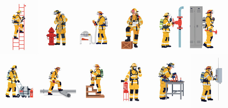 A collection of professional firefighters in yellow protective gear performing various rescue, maintenance, and safety tasks, presented as flat vector illustrations.