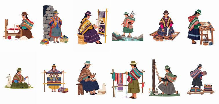 Vector illustration set showing traditional Andean women artisans performing various textile crafts including wool spinning, dyeing, and weaving on multiple loom types.