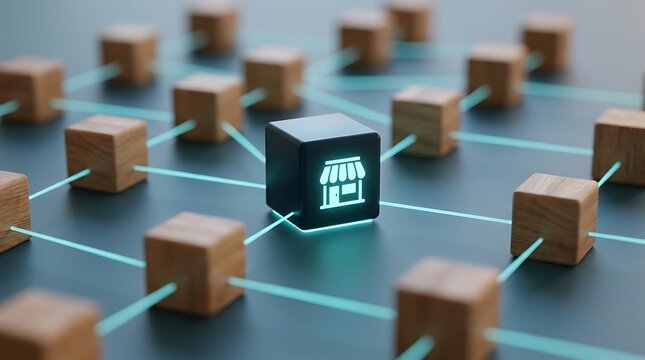 Central glowing black cube featuring a neon store icon, connected by bright blue lines to a network of surrounding wooden cubes, representing a franchise or retail business hub.