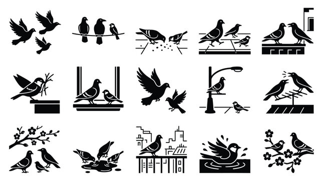 A collection of black and white silhouette illustrations depicting various scenes of pigeons in urban and natural settings, showcasing their behavior and interactions.