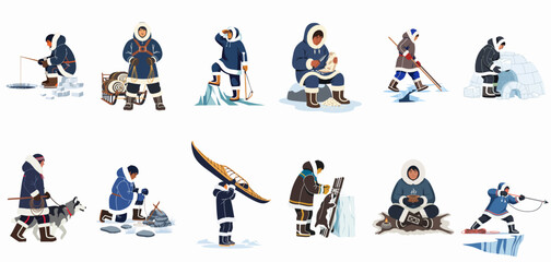Collection of Arctic Inuit Characters Engaged in Traditional Activities Like Hunting, Fishing, Sledding, and Building Igloos © ValentinaRestrepo