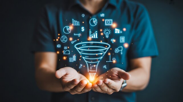 Hands holding digital funnel with icons representing marketing conversion and data analysis concept