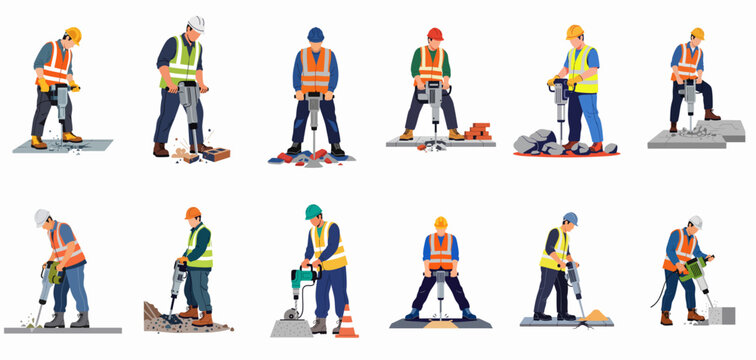 Collection of flat vector illustrations featuring construction workers in safety gear operating jackhammers to break concrete and pavement on a white background.