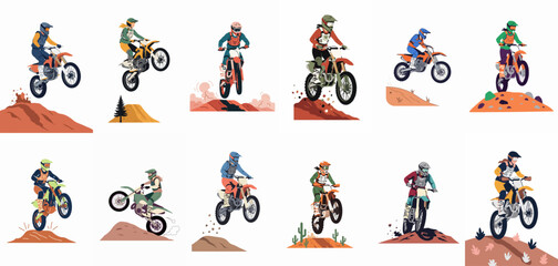 Diverse collection of twelve flat vector illustrations featuring motocross riders performing various stunts and jumps on dirt bikes in off-road settings. © ValentinaRestrepo