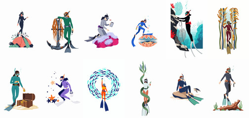 A collection of illustrations depicting various female scuba divers and free divers exploring the ocean floor, coral reefs, and marine life. © ValentinaRestrepo