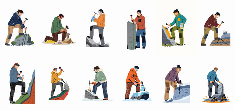 Set of diverse professional geologists and miners using hammers and pickaxes to extract minerals, crystals, and fossils from rocks isolated on white background.