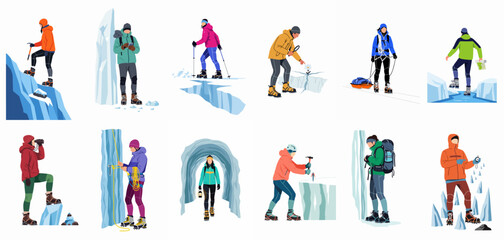 Flat vector illustration set of people engaged in various arctic adventures, mountaineering, and winter sports on white background © ValentinaRestrepo