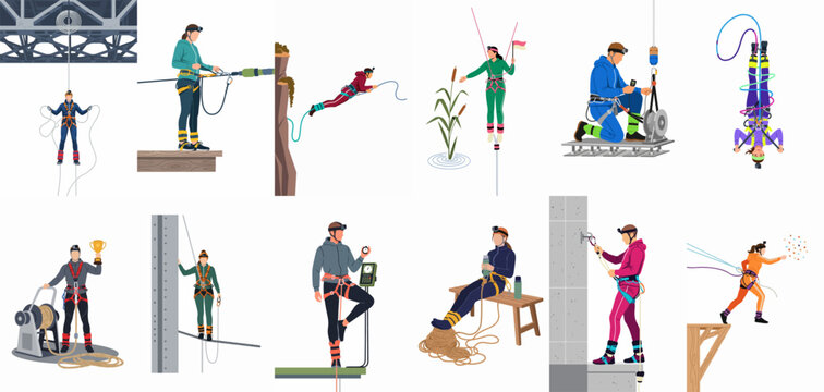 Vector illustration set featuring people participating in high-altitude extreme sports like bungee jumping, climbing, slacklining, and bridge jumping.