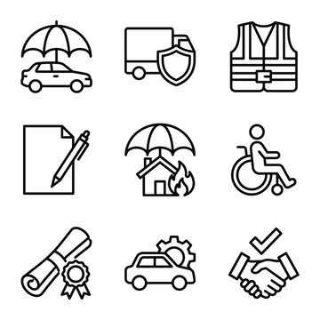 Insurance and protection icon set featuring property coverage vehicle maintenance legal documents disability, insurance
