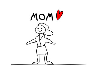 Una ilustración de un dibujo realizado a mano de una madre con la palabra madre y rodeado de un corazón rojo en un fondo blanco para ser utilizado el día de la madre