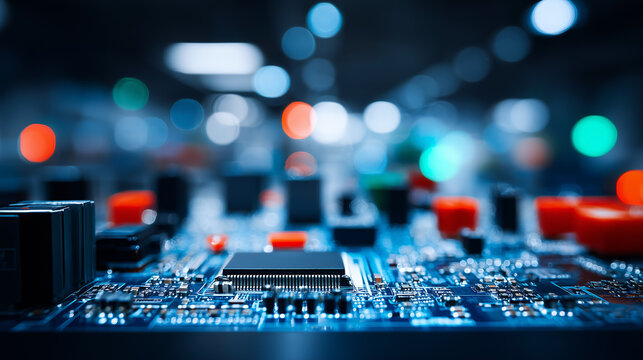 A computer circuit board with electronic components in sharp foreground, representing hardware engineering, computing power, and digital systems.
