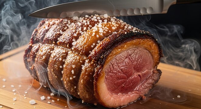 A steaming hot roasted beef joint, heavily crusted with salt, is ready to be sliced by a knife. Brazilian churrasco or brazilian bbq as known as brazililan barbecue