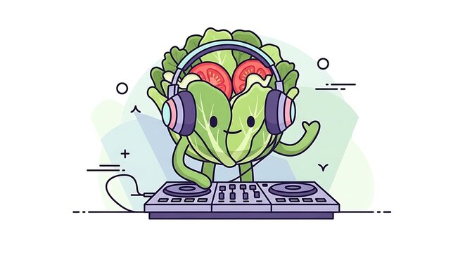 A cartoon-style illustration of a cabbage character with tomatoes inside, wearing headphones and using a DJ setup