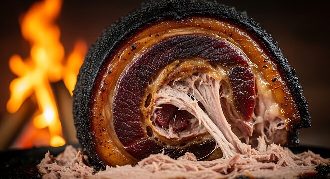 A succulent smoked rolled pork belly rests on shredded meat with fiery background. Brazilian churrasco or brazilian bbq as known as brazililan barbecue