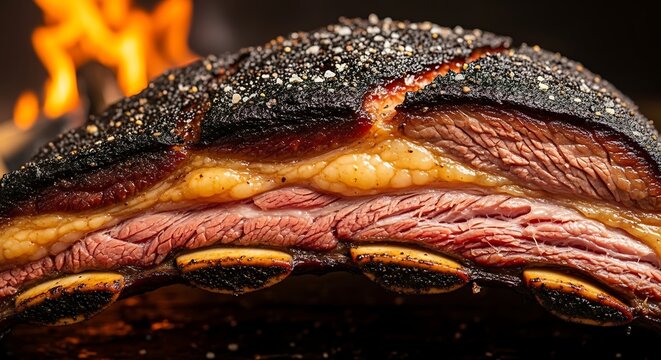 Delicious smoked beef short ribs display succulent layers of meat and rendered fat with fire. Brazilian churrasco or brazilian bbq as known as brazililan barbecue
