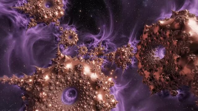Explore deep purple and copper abstract fractal universe with intricate designs and shapes floating in space