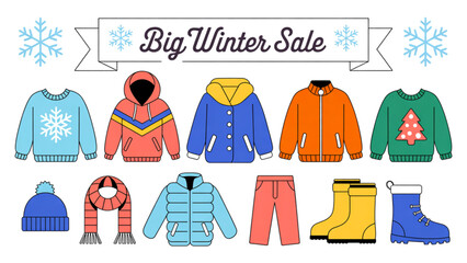 Colorful collection of winter sweaters and coats displayed on hangers Vector © ANOWARUL