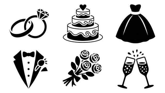 Black and white wedding celebration icons set Vector