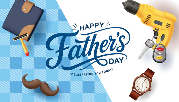 Happy Father's Day Banner with Drill Wallet Watch Razor and Mustache Vector Illustration